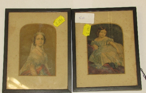 Pair of Victorian prints: girl in blue dress and Princess Victoria in regal costume, F & G