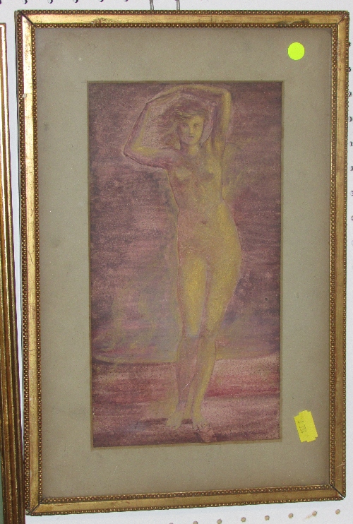 Painting on paper in mauve and gold-colour of nude woman with upheld arms standing before a low