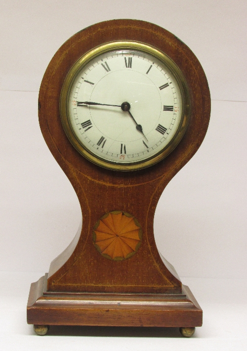 Edwardian inlaid mahogany balloon mantle clock, Roman numerals on enamel dial with painted red