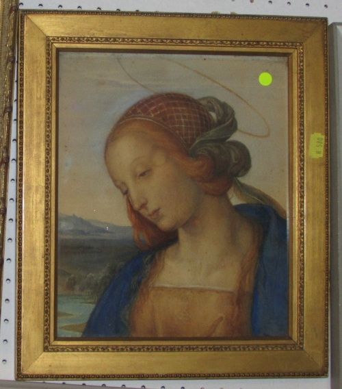 Watercolour in Renaissance style showing haloed woman with netted hair in contemplative pose