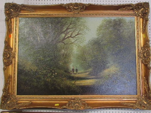 Les Parson, three horse riders on woodland path, oil on canvas (50cm x 75cm) in a modern gilt frame