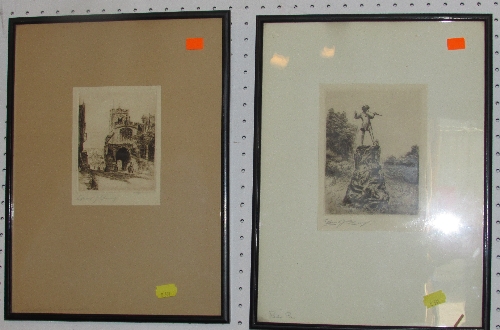 Two Edward J Cherry endorsed etchings: statue of Peter Pan (14cm x 10.5cm) and street with church