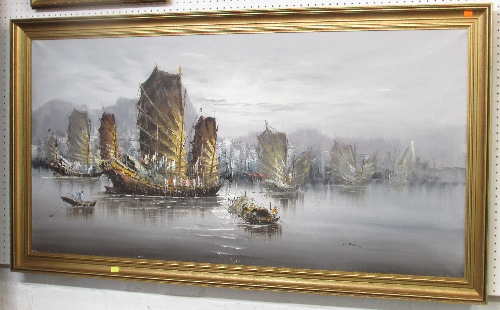 Oil on canvas of Chinese boats in harbour, indistinct signature lower right [initial J.], (60cm x