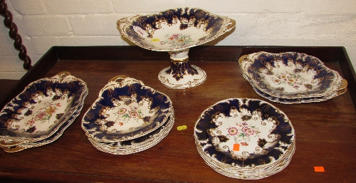 Late 19th century tableware - white ground with cobalt blue and gilt borders, florally hand-