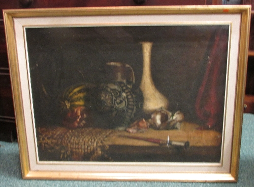 Oil on canvas still life of shell, jug, vase and dagger, (53.5cm x 73.5cm) in a modern frame