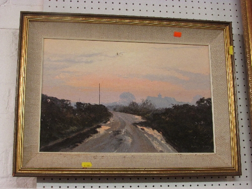 Pamela Derry, twilight country road with telegraph wire, oil on board, 28.5cm x 43.5cm, framed