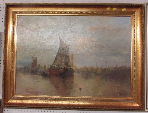 Philip T Stresser, sailed ships and tender beneath overcast sky, oil on canvas, 51cm x 73cm, gilt