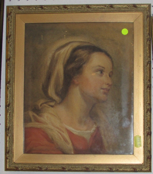 Watercolour portrait of woman in red dress and head scarf, signed MJR Sept 1856 to bottom left (26.