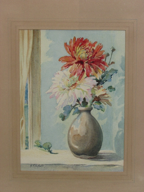 N.T.S. Hull, `Chrysanthemums`, watercolour, signed bottom left, (32cm x 23.5cm) F & G, paper label