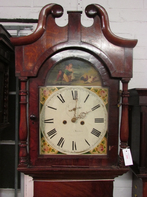 19th century Grandfather clock in an oak and mahogany case with broken scroll pediment to the arched