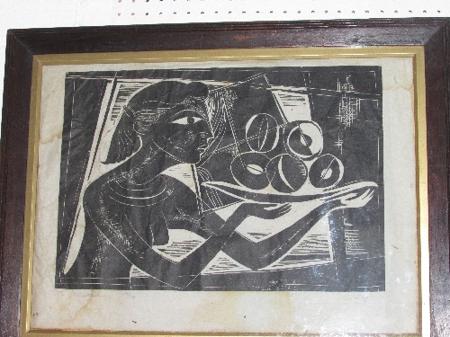 Black on white endorsed limited edition (15 / 30)  block print `Fruit for Sale`, perhaps continental