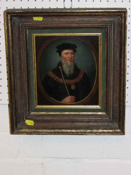Oil portrait on copper of a city dignitary in black robes and cap with chain of office and staff (