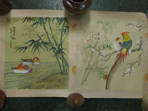 Two Chinese paintings on woven silk: Two ducks by bamboo, and long tailed birds in blossom branch,