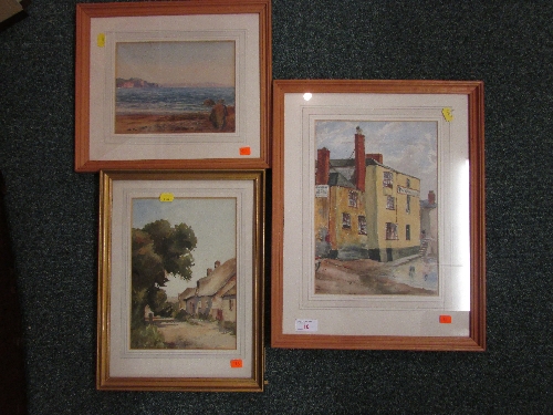 Three paintings - watercolour of road, cottage and trees, unsigned, (26.5cm x 18.5cm), F&G, pencil