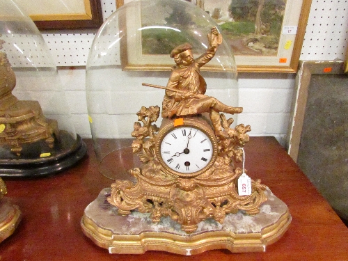 19th century gilded French Rococo-style mantle clock with huntsman pediment, white enamel Roman