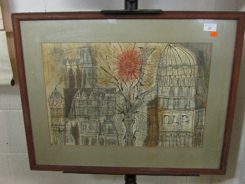 Mixed media work on paper - stylized red spiked sun over tree between buildings, signed Souza 1954