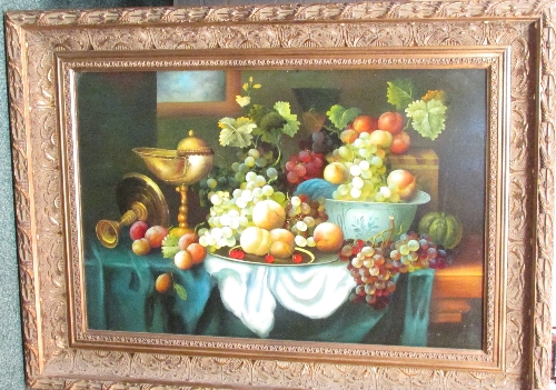 Oil on board still life of grapes, fruit and tableware with window behind, in a heavy modern moulded