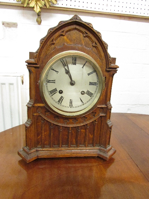 1930s mantle clock in a Gothic oak case