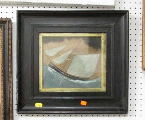 After Alfred Wallis, oil on card painting of a three-masted yacht in the naive style, (17cm x 19.