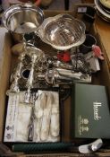 A collection of various silver plated items to include boxed set of cutlery, pewter ware, cocktail