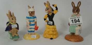 Royal Doulton Bunnykins Figures  Flamenco DB256, Billie and Buntie DB4, Mother DB189 and Shopper