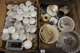 A collection of pottery to include Commemorative |Cups, Glass Cake Stand and a quantity of Tea and