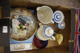 Tray of China and Pottery to include T G Green Cornish Kitchen Ware Milk Measuring Jug, Tow T G