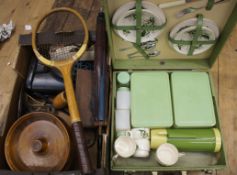A collection of items to include Wooden Bowls, Tennis Raquet, Binoculars, boxed Picnic Hamper and