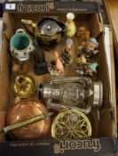 A collection of various pottery items and brass ware to include copper kettle, brass trivet