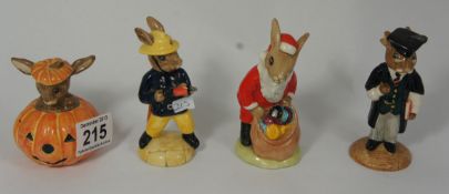Royal Doulton Bunnykins Figures Fireman DB75, Schoolmaster DB60 (broken ear), Santa DB17 and