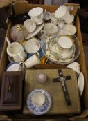 A collection of various pottery and items to include wood mantle clock, boxed pye Radio 1940's,