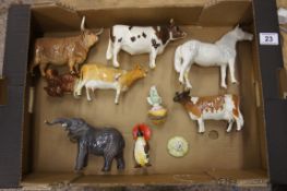 A collection of various Bewsick to include Highland cow (broken horn), Beswick Ayreshire Bull (