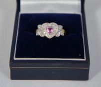 9ct Ladies Pink Heart & Diamond Ring, size K