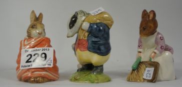 Beswick Beatrix Potter Figures Poorly Peter Rabbit, Tommy Brock (chip to base), Hunca Munca sweeping