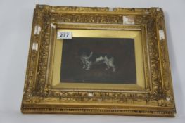 Oil painting on canvas of a spaniel dog signed H.H.Jones 1906 in guilt frame (some damages to frame)