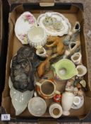 A collection of pottery items to include Art deco vases, Beswick display stand, Toby Jug, vases etc