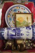 A collection of pottery to include large Chinese Willow Pattern vase, Framed Tile, EPNS items etc