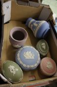 A collection of various Wedgwood coloured Jasperware to include vases, jugs and trinket boxes etc