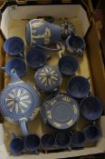 A collection of Blue Wedgwood part tea set to include teapot coffee pot milk jug sugar bowl tea cups