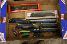 A collection of vintage Hornby, Tri ang and Lema engines and carriages some boxed. 11 in total