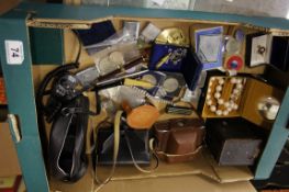 Tray lot to include Vintage Kodac Cameras, Binoculars, Pens, Coins and Compacts, Pin Badges and QM