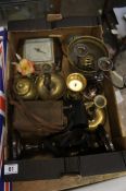 A collection of items to include Pair of Oak Candlesticks, Oak Cased Berometer, Brassware, Kodac