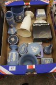 A collection of Wedgwood Pottery to include Blue Jasperware Vases, Trinkets, Dishes, Queensware Vase