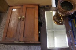 Mahaghony Two Door Edwardian Wall Cabinet, Oak Art Noveau Wall Mirror and a Copper Planter (3)