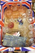 A collection of Glassware to include Wine Glasses, Paperweights, Figures, Deco Ladies Dressing Table