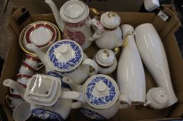 Tray to include Churchill Samsonite Bowls, Royal Doulton Pair of Vases,  Blue and White Tea Pots etc