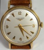 Longines 9ct Gold Mechanical Wind Wrist Watch, Leather Strap, Working