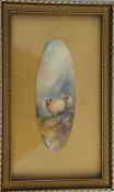 Royal Worcester Oval Plaque handpainted with Sheep, Signed by E Baker, plaque 9.25cm x 3.5cm and