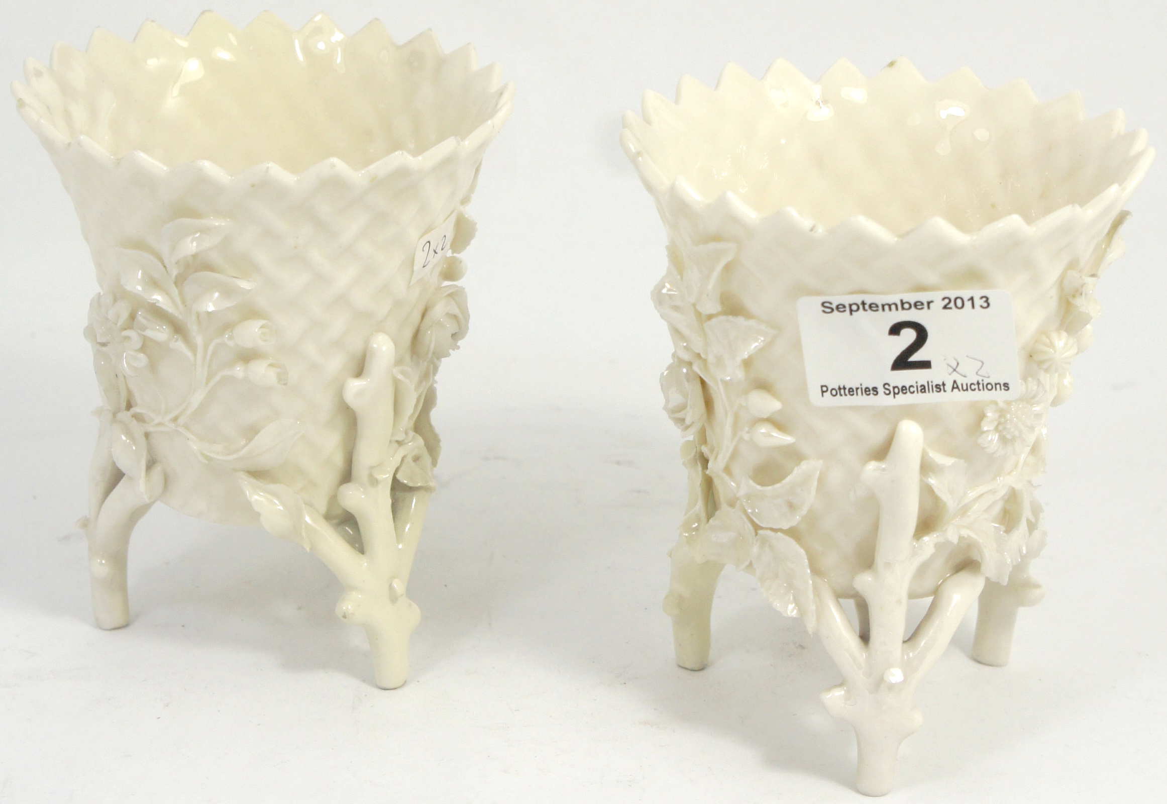 Pair of Belleek Ivory Floral Encrusted Latticed Vases with Second Backstamp 1891-1926