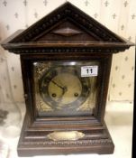 Brass Faced Wooden Mantle Clock, Presentation Plaque to Front (slight damage to top)